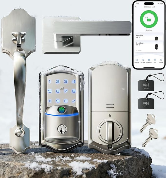 Veise VE027-H WiFi Fingerprint Smart Deadbolt Lock with Handleset, App Remote Control, Keyless Entry Front Door Lock Set, Built-in Wi-Fi, Touchscreen Keypad, Auto-Lock, Easy Setup, Satin Nickel