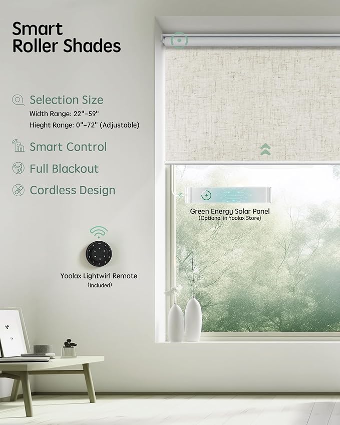 Yoolax Motorized Blinds with Remote, Blackout Smart Blinds for Windows Motorized Roller Shades, Automatic Window Blinds Compatible with Alexa Electric Blinds (Linen Beige, 27" W x 72" H)