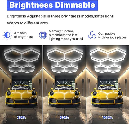 Hexagon Garage Lights-192W LED Lights,6500K 25650LM Upgraded 3-Level Dimmable LED,Shop for Car Detailing,Workshop, Basement,Gym, Barber