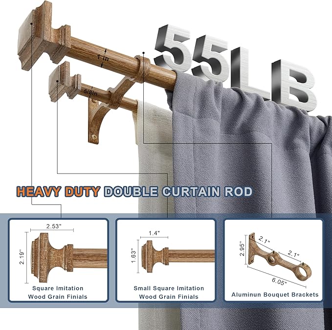 Double Wood Curtain Rods for Windows 36 to 72 Inches,1 Inch Decorative Wooden Curtain Rod with Square Imitation Wood Grain Finials and Double Aluminum Bouquet Bracket, Coffee Brown Wood Grain