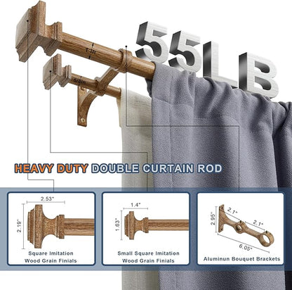 Double Wood Curtain Rods for Windows 72 to 144 Inches,1 Inch Decorative Wooden Curtain Rod with Square Imitation Wood Grain Finials and Double Aluminum Bouquet Bracket, Coffee Brown Wood Grain