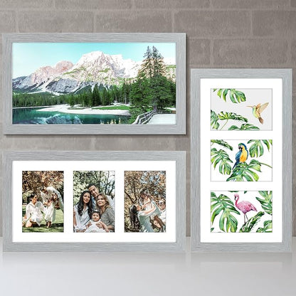 Golden State Art, 9x18 Grey Wood Frame - White Mat for Three 5x7 Pictures - Sawtooth Hangers - Swivel Tabs - Wall Mounting - Landscape/Portrait - Real Glass - Collage Frame