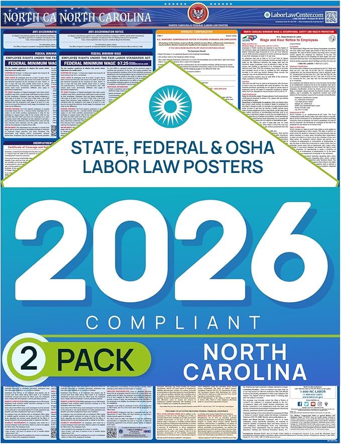North Carolina 2026 Labor Law Poster – State & Federal Compliance – OSHA, EEOC, FMLA, Minimum Wage – Durable, Laminated & Waterproof Workplace Employment Poster – Made in USA – 26” x 39.5”, 2-Pack
