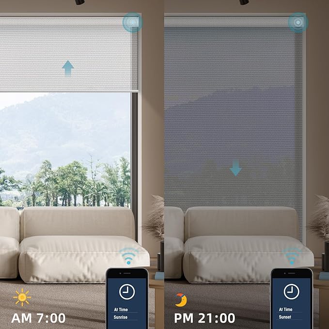 SmartWings Motorized Smart Blinds for Windows in Light Filtering, Electric Remote Roller Shades Compatible with Alexa/Google Home/Homekit, Custom Up to 110”W x 148”H, 5% Openness Aventus Ice