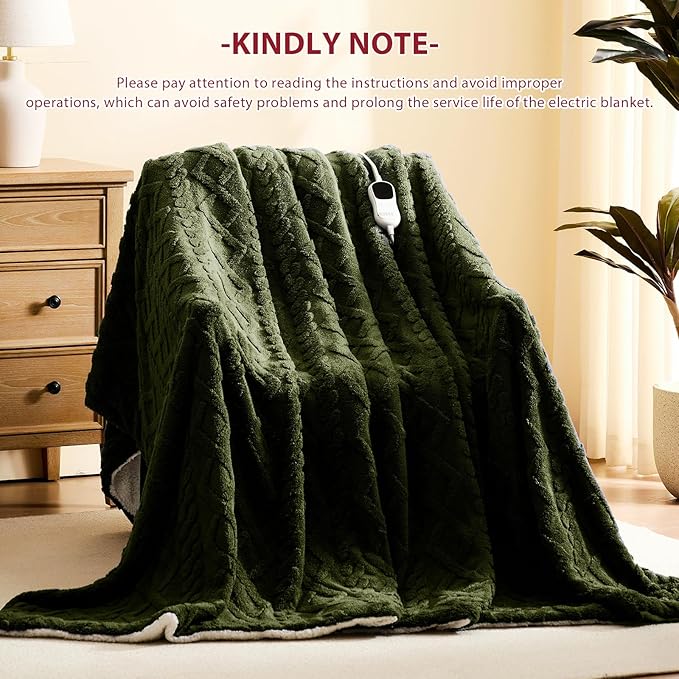 Heated Electric Blanket Queen Size-84"x90" Heating Blanket with 10 Heating Levels & 5 Time Settings Over-Heat Protection，Winter Warmer for Adults with ETL Certification（Green）