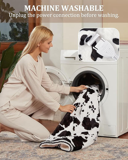 CAROMIO Heated Electric Blanket Full Size, Cow Print Fast Heating Blankets with LCD Controller, 10 Heat Levels & 1-12H Time Settings, ETL Certified, Machine Washable, Brown Black, 72" x 84"