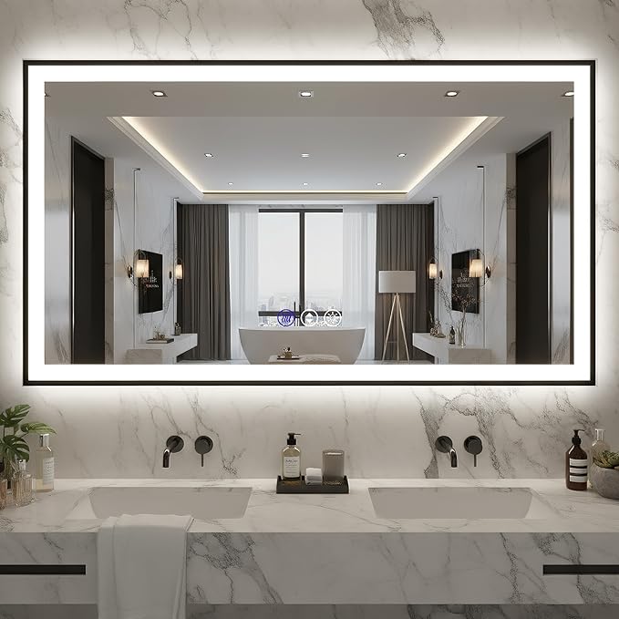 72x40 Lighted Mirrors for Bathroom Wall, Modern Rectangle Matte Black Mirror, Tempered Glass，Double Lights, 3 Colors Dimmable Temperature, IP54 Enhanced Anti-Fog, Memory (Horizontal/Vertical)