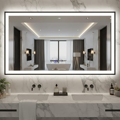 72x40 Lighted Mirrors for Bathroom Wall, Modern Rectangle Matte Black Mirror, Tempered Glass，Double Lights, 3 Colors Dimmable Temperature, IP54 Enhanced Anti-Fog, Memory (Horizontal/Vertical)