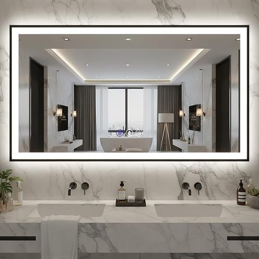 72x40 Lighted Mirrors for Bathroom Wall, Modern Rectangle Matte Black Mirror, Tempered Glass，Double Lights, 3 Colors Dimmable Temperature, IP54 Enhanced Anti-Fog, Memory (Horizontal/Vertical)