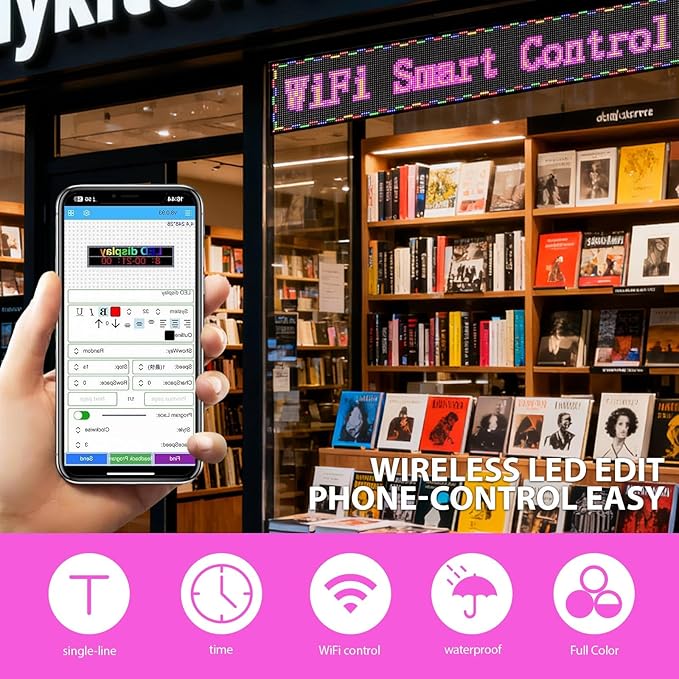 Programmable Led Sign with Full Color Display - Energy Saving and Waterproof Led Message Board for Schools, Shops and Cafes, Supports wifi Connection,77"x14"