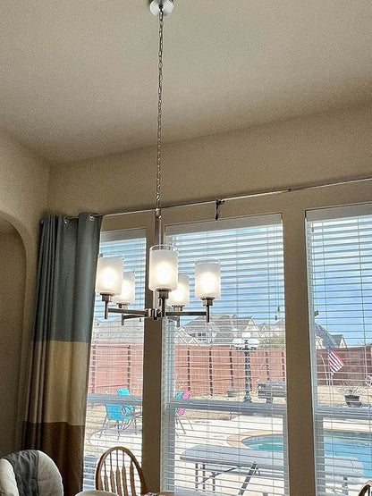 Doraimi Lighting 5 Light Chandelier Brushed Nickel Finish,Classic Style Ceiling Pendant Light Clear Frosted Glass Shade Fixture for Meeting Room Dining Room Over Table Living Room