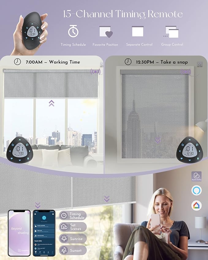 Graywind Motorized Roller Shades Compatible with Alexa Google Hardwired WiFi Smart Light Filtering Blind Remote Automated Blinds Electric Window Shade, Custom Size (3% Openness Solar Silver)