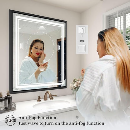 LED Bathroom Mirror: 40x32 Inch LED Bathroom Vanity Mirror - Black Framed Lighted Mirror for Bathroom Anti-Fog Gesture Control Dimmable Memory Function Tempered Glass