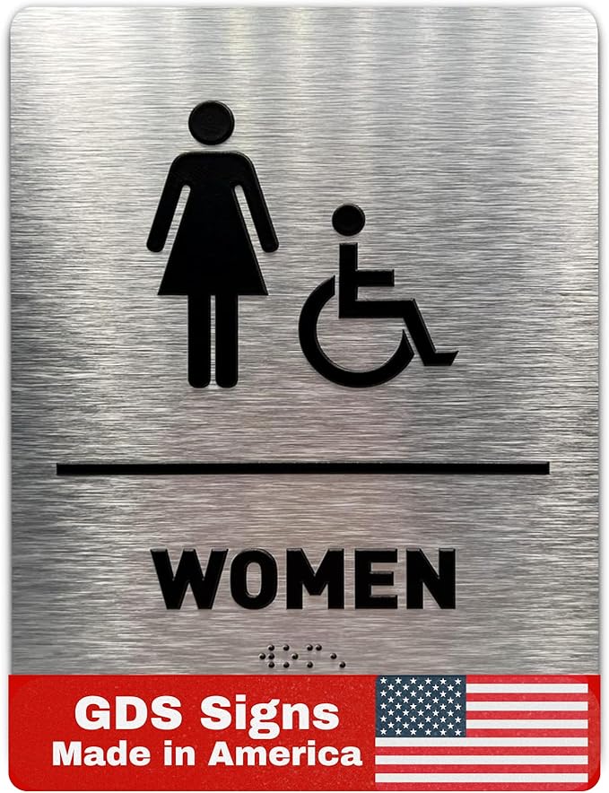 Women/Wheelchair Restroom Sign by GDS - ADA Compliant, Wheelchair Accessible, Raised Icons, Grade 2 Braille - Includes Adhesive Strips for Easy Installation - Bathroom Sign, Bathroom Signs for Business, Restroom Signs for Business - 6" W x 8" H (Brushe...