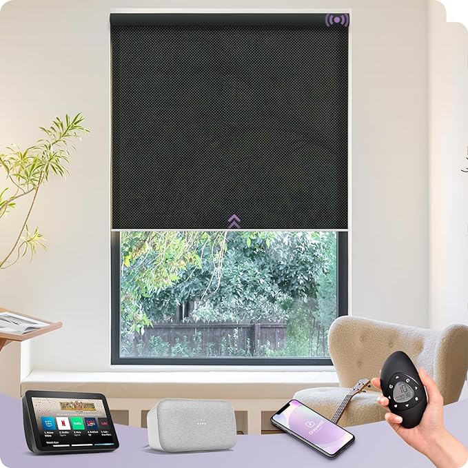 Graywind Motorized Solar Shades Light Filtering Mesh Shade Compatible with Alexa Google Remote Control Window Blinds with Valance for Smart Home Office Business, Custom Size (3% Openness Black Pearl)