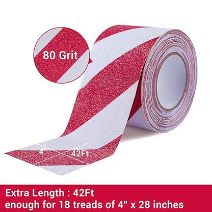 Anti Slip Tape, 4 Inch x 42 Ft Grip Tape for Stairs Outdoor/Indoor, Waterproof Non Skid Roll for Stair Treads Non Slip, High Traction Friction Abrasive Adhesive Stair Steps, Caution Red/White
