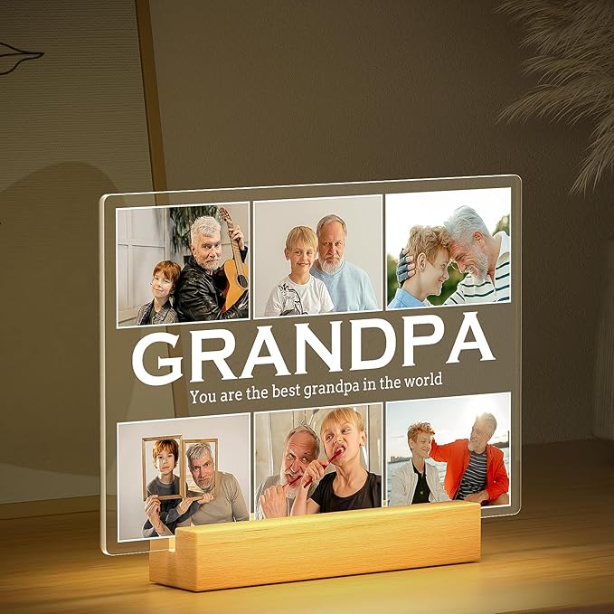 Personalized Gifts for Grandpa from Daughter Son, Custom Picture Frames with Photos, Customized Photo Frame with Night Light, Personalized Birthday Gifts for Grandpa Baby Kids Family