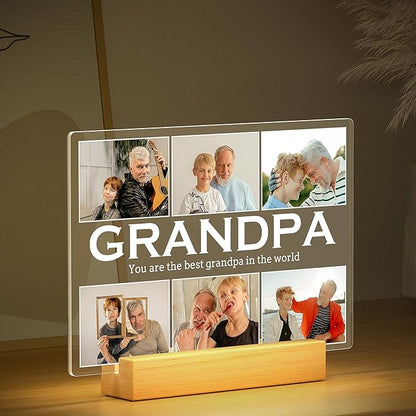 Personalized Gifts for Grandpa from Daughter Son, Custom Picture Frames with Photos, Customized Photo Frame with Night Light, Personalized Birthday Gifts for Grandpa Baby Kids Family