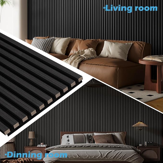 Art3d 4-Pack 108" x 12" Acoustic Wood Panels for Wall, Soundproof Wood Slat Panel for Wall and Ceiling, 3D Fluted Sound Absorbing Paneling for Interior Wall Decor, Living Room, Bedroom - Blackwood