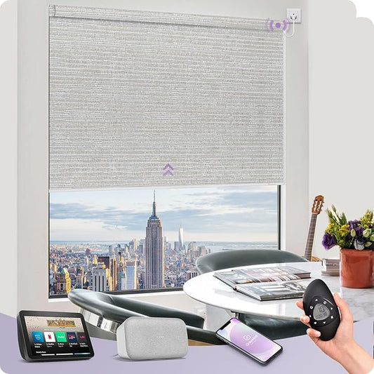Graywind Smart Blackout Roller Shades Compatible with Alexa Google WiFi Hardwired Textured Fabric Motorized Blinds Remote Window Shades, Custom Size (Metallic Fuscous Grey)