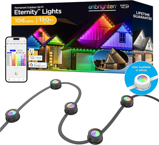 Enbrighten Vibe Eternity Permanent Outdoor Lights for House, 150ft, 108 RGBWIC LEDs, Close Spacing, 33lm, Color Changing, Christmas, Eave Lighting, Smart App, Works with Alexa, Google Home, 85103
