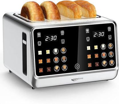 Keenstone Toaster 4 Slice, Digital Smart Toaster with TouchScreen, Dual Control Panel, Single Slot Toasting, Timer, Reheat & Defrost for Bagels, Bread, Waffles, Stainless Steel Kitchen Essentials