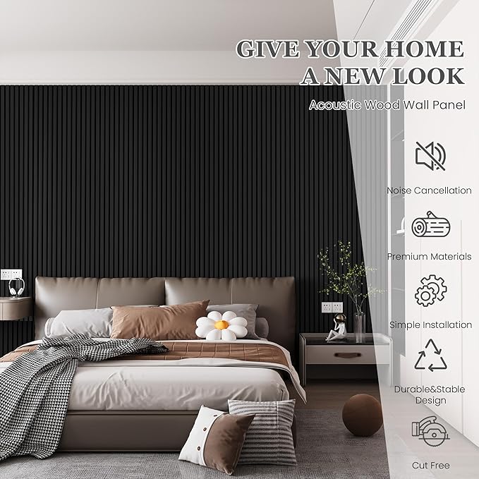 Wood Salt Acoustic Wall Panels, 4 Piece 94" x 12.6" x 0.8" Soundproof Wooden Wall Panels, 3D Fluted Sound Absorbing Panel, Matte Black