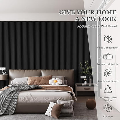 Wood Salt Acoustic Wall Panels, 6 Piece 94" x 7.9" x 0.8" Soundproof Wooden Wall Panels, 3D Fluted Sound Absorbing Panel, Matte Black