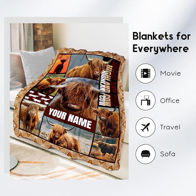 Personalized Blanket for Women Girls, Custom Highland Cow Gifts for Adults - 30"x40" Kids Throw for Couch, Office - Soft, Fuzzy & Cozy - Wildlife Home Decor Gift Ideal