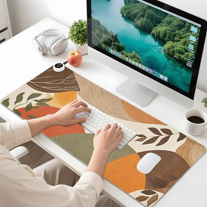 Heated Desk Pad Mouse Pad 31.5x13 Inch PU Leather Desk Mat with 3 Heat Levels Large Mouse Gaming Computer Laptop Mat Boho Brown Pattern