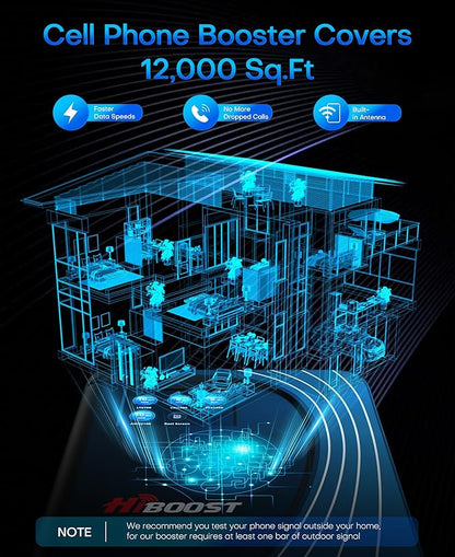 Cell Phone Booster for Multiroom, Boost Cellular Signal Cover to 1,2000 Sq Ft with 2 Indoor (Built-in 1) Antennas and Touch Display 72dB Gain for Homes and Offices 2-Story, Support All U.S Carriers