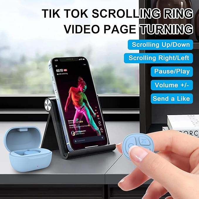 Tiktok Scrolling Ring for iPhone, Bluetooth Camera Remote Control, Remote Control for TIK Tok Scrolling Ring for iPhone, Android (Blue)