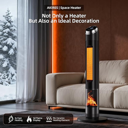 AKIRES 38IN Space Heater Large Room,1500w Space Heater For Indoor Use,120°Oscillating Tower Heater With Thermostat,Remote Control,Overheat & Tip-Over Protection,24H Timer For Large Rooms Matte Black