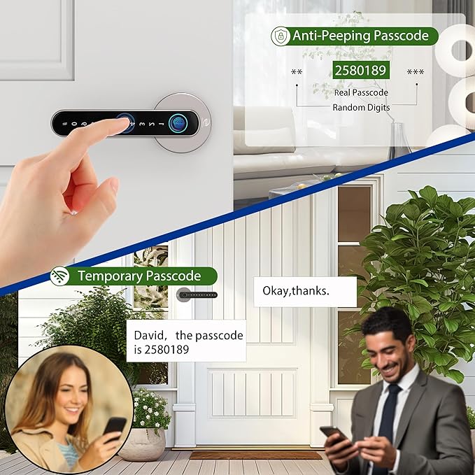 Smart Electronic Fingerprint Door Lock, Keyless Entry with Handle, Codes, APP, IC Cards, Fingerprints, Keys, for Home Bedroom Apartment (Silvery)