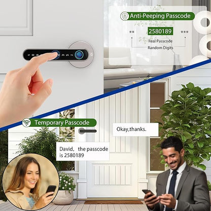 Smart Electronic Fingerprint Door Lock, Keyless Entry with Handle, Codes, APP, IC Cards, Fingerprints, Keys, for Home Bedroom Apartment (Silvery)