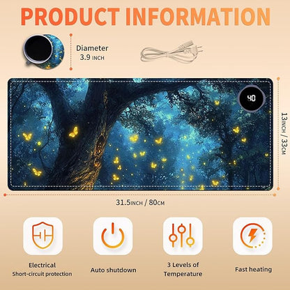 Heated Mouse Pad 31.5x13 in 3-Temp Fast Heating Desk Mat with Auto Timer Warmer for Hands Wrist Pain Relief Waterproof Keyboard Mat for Office, Gaming, Home, Enchanted Forest Glow