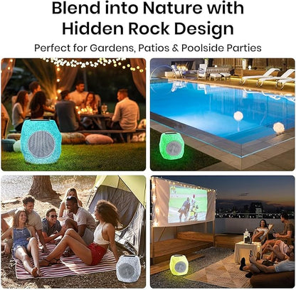 Outdoor Rock Speaker Bluetooth Speakers 48 W Deep Bass (2 Pack) – 16 Hr Playtime, Bluetooth 5.4 TWS Stereo, Aluminum‑Alloy Mesh,IPX5 Waterproof Solar-Powered Speaker Perfect for Pool
