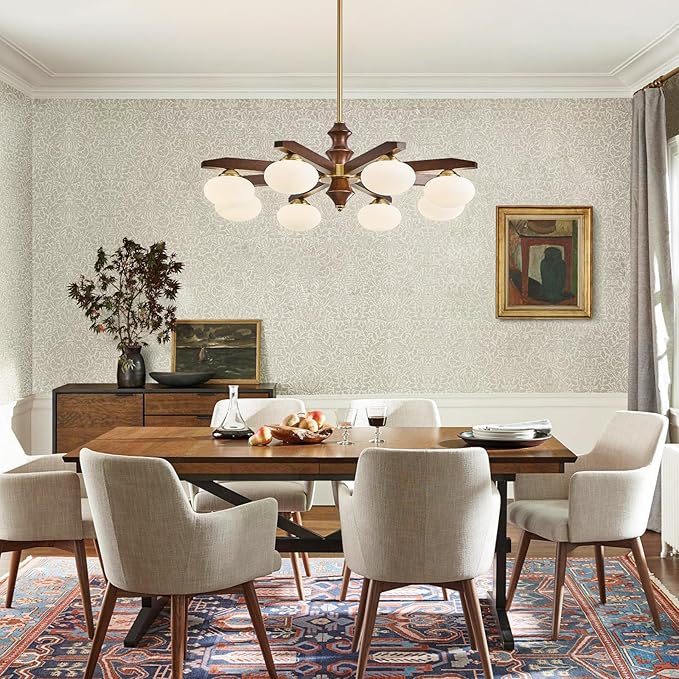 8-Light Chandelier, Mid Century Gold Chandelier with Milk Glass Shades, Wood Dining Room Light Fixture