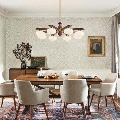 8-Light Chandelier, Mid Century Gold Chandelier with Milk Glass Shades, Wood Dining Room Light Fixture