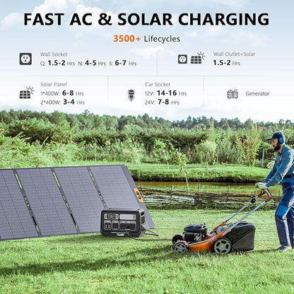 ALLWEI 2400W Portable Power Station (Surge 4800W) with 1x400W Solar Panel and 1x2048Wh Expansion Battery Included, 4 AC Outlet, LiFePO4 Battery Backup Generator for RV Camping Emergency Outdoor Home