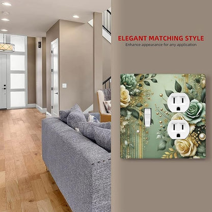 Decorative Outlet Covers Rustic Green Floral Leaves Teal Flowers Gold Stripe 2 Gang Wall Plate Cover Single Toggle Duplex Combo Two Switch Light Switch Cover Plate Faceplate