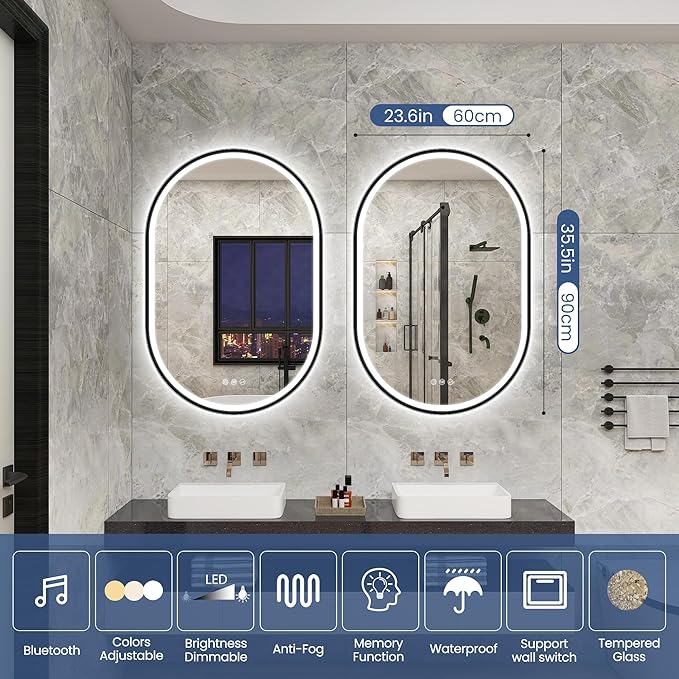STARLEAD 24"x36" LED-Bathroom-Mirror-with-Lights, Wall-Mounted with Bluetooth, Anti-Fog, 3 Color Temperature Dimmable Brightness, Waterproof, Tempered Glass, Frontlit & Backlit, Black Frameless Oval
