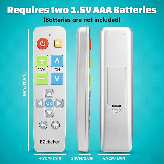 Big Button Universal TV Remote (Silver) Simple Easy to Use, Great for Seniors, Works with Major TV Brands (2xAAA Batteries Not Included)