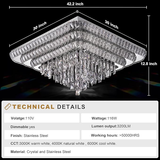Elegant LED Crystal Raindrop Ceiling Light, 30 Inch Square Flush Mount Chandelier with Remote for Living Room Kitchen Island Bedroom Hallway Entryway Foyer (Dimmable)