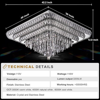Elegant LED Crystal Raindrop Ceiling Light, 30 Inch Square Flush Mount Chandelier with Remote for Living Room Kitchen Island Bedroom Hallway Entryway Foyer (Dimmable)