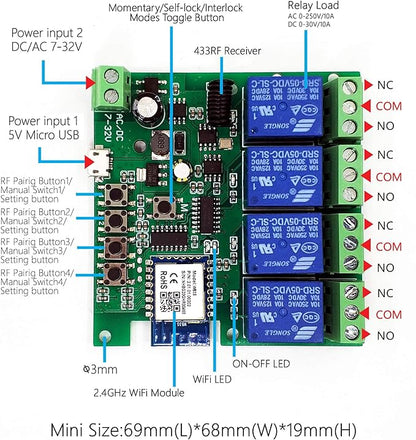 4 channelsWiFi Wireless Smart Switch Inching Self-locking Relay Module, be applied to access control Tuya SmartLife APP,DIY WIFI Garage Door Opener With 433 MHz RF remote control