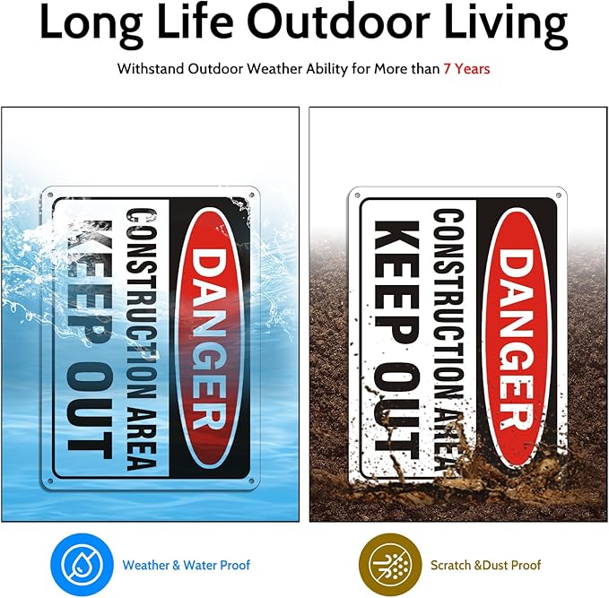 2 Pack "Danger - Construction Area, Keep Out" Sign, 10"x 7" Rust Free Reflective Aluminum Metal Sign, Fade Resistant, Waterproof, Easy to Mount ﻿