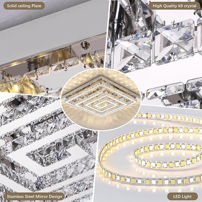 43" Modern Crystal Chandelier with Remote/APP Control, Dimmable Flush Mount Ceiling Light Fixture, 3-Color Temperature, Led Ceiling Lamp for Living Room Bedroom Kitchen Dining Room Entryway