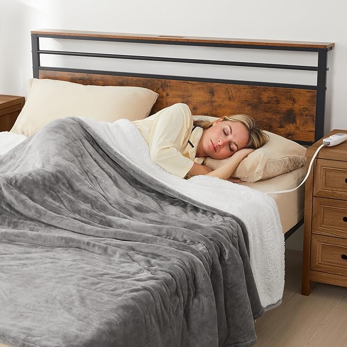 SUNVIVI Heated Blanket Queen Size, Electric Throw Dual Control, 5 Years Warranty, 10 Heat Settings, 12 Hours Auto Off, Soft Flannel and Sherpa, Machine Washable, ETL Certified,Grey
