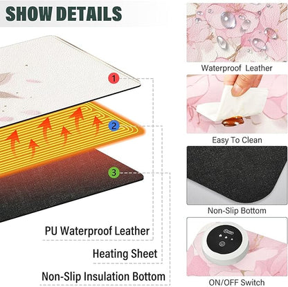 Large Heated Mouse Pad,Leather Desk Mat,31.5"x13",Hand Warmer Pads for Desk,Sakura（Pink White）